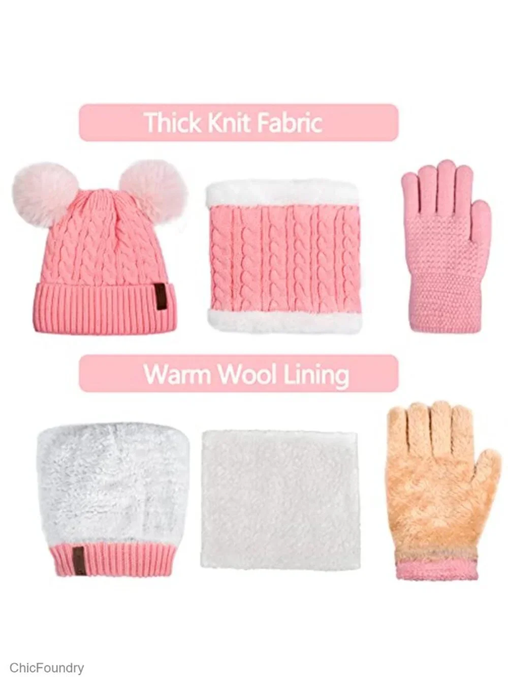 Winter Beanie Scarf Gloves Set with Pompom - Fleece Lined Hat Neck Warmer